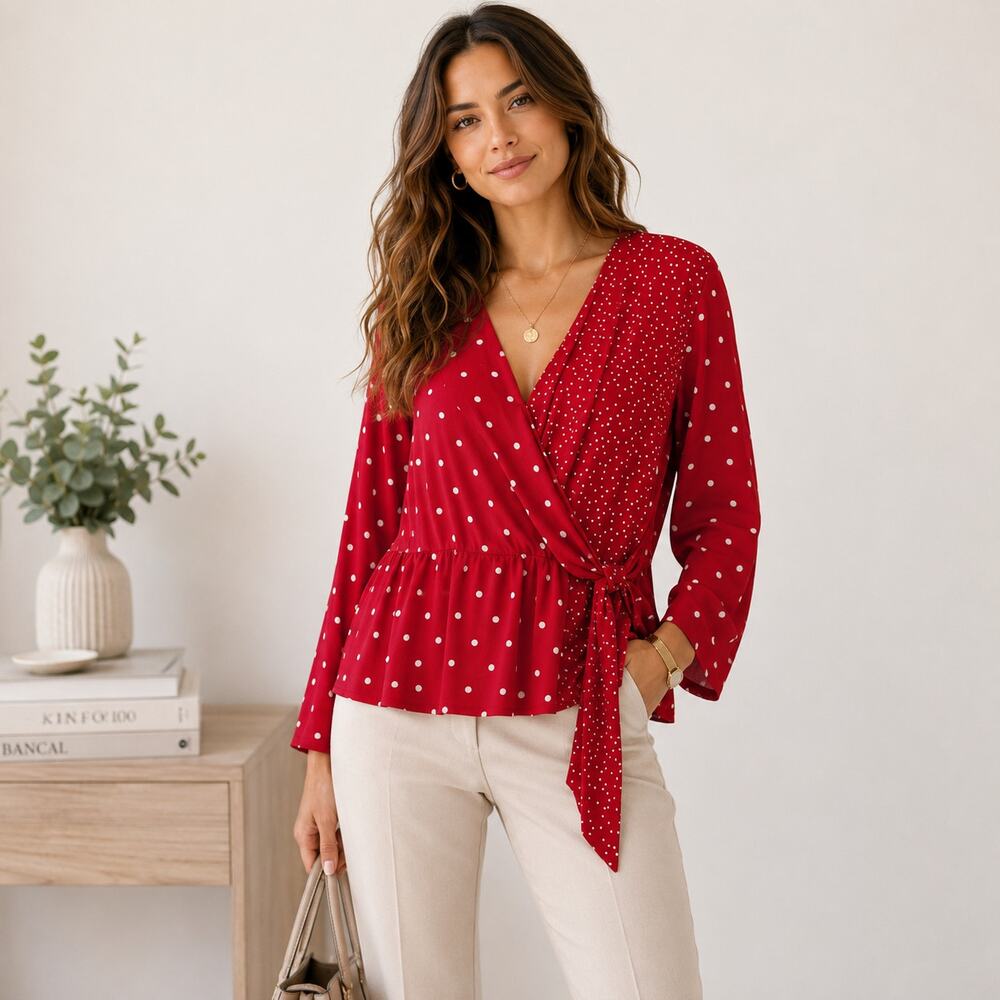 Susan Graver Liquid Knit Blouse Women's Size 2X Red Polka-dot Retro Chic Ofiice
